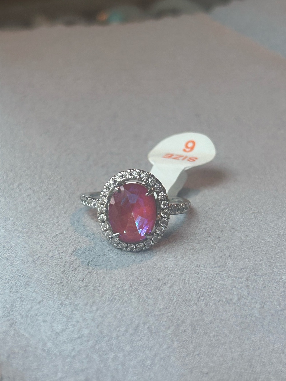 Oval Pink Halo Ring with Pavé Silver Band